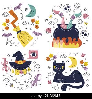 doodle hand drawn halloween sticker set vector design illustration Stock Vector
