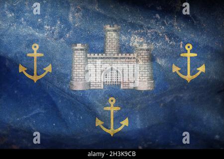 Top view of retro flag of Isle of Wight Council county with grunge texture no flagpole. Plane design, layout. Flag background Stock Photo