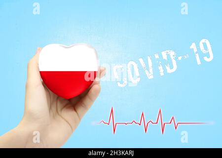 A girl is holding a toy in the shape of a heart with the flag of Poland, a concept of health care during the covid-19 coronavirus pandemic Stock Photo