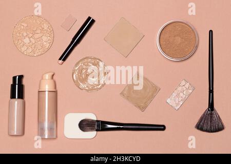 Flat lay still life of foundation makeup products Stock Photo