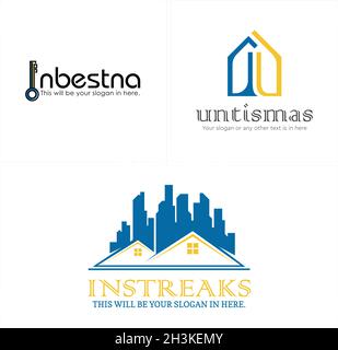 Modern flat line art business property home building logo design Stock Vector