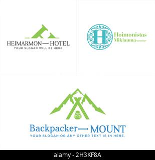 Modern initial letter H hotel and mountain backpacker logo design Stock Vector