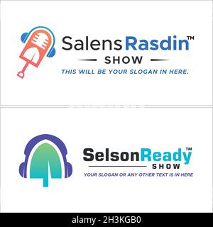 Modern entertainment podcast earphone mic shovel logo design Stock Vector
