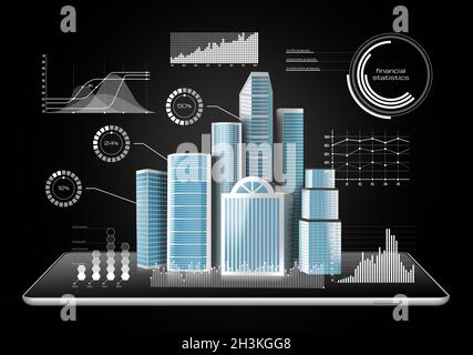 Buildings diagrams and charts projected from a digital tablet Stock Photo
