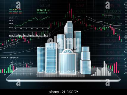 Buildings diagrams and charts projected from a digital tablet Stock Photo