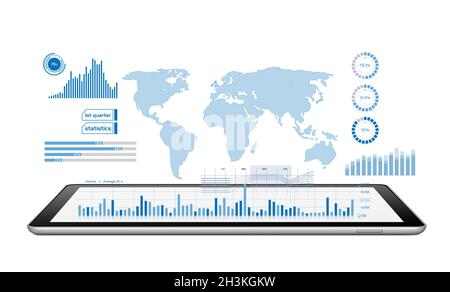 Global diagrams and charts projected from a digital tablet Stock Photo