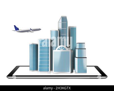 Buildings diagrams and charts projected from a digital tablet Stock Photo