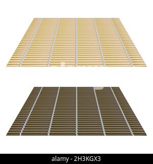 Set of bamboo mats. Top view of brown and light traditional Japanese kitchen utensils. Bamboo sticks with cotton thread. Vector illustration of a mat Stock Vector