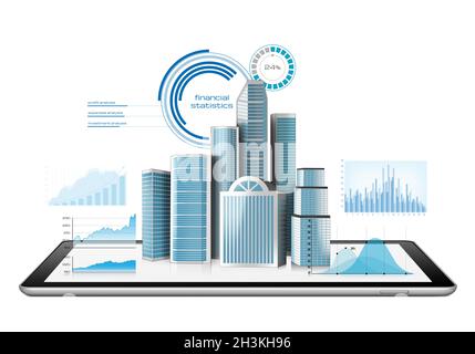 Buildings diagrams and charts projected from a digital tablet Stock Photo