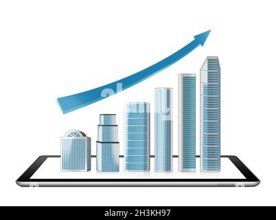 Buildings holograms and charts projected from a digital tablet Stock Photo