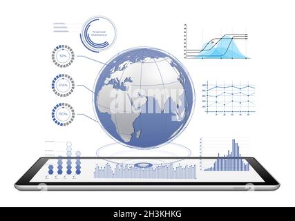 Blue financial diagrams and charts projected from a digital tablet Stock Photo