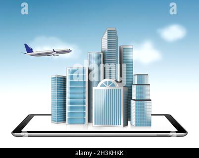 Buildings diagrams and charts projected from a digital tablet Stock Photo