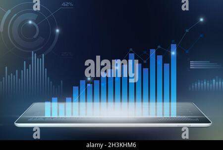 Blue financial  charts projected from a digital tablet Stock Photo