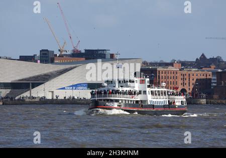 River Mersey ferry boat and passengers, Liverpool, UK, March, 2020. Stock Photo