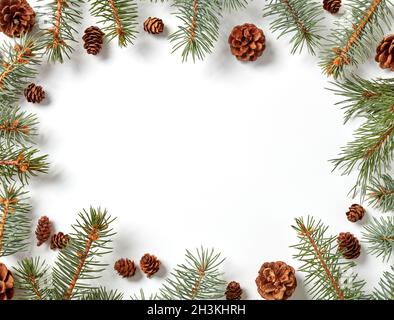 Fir tree branches with cones border isolated on white Stock Photo