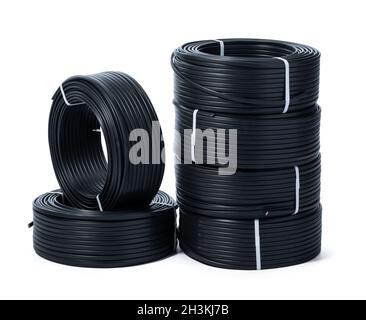 Coils of black cable isolated on white background Stock Photo