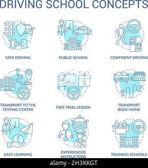Driving school blue concept icons set Stock Vector
