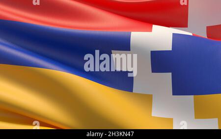 Waved highly detailed close-up flag of Artsakh. 3D illustration. Stock Photo