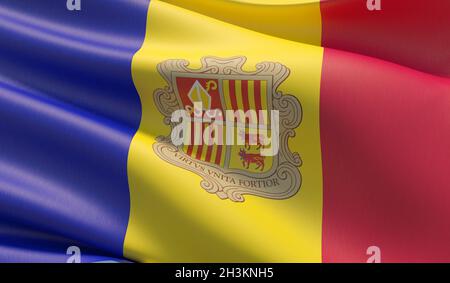 Waved highly detailed close-up flag of Andorra. 3D illustration. Stock Photo