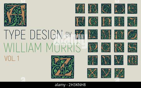 William Morris typography, initials with foliage. Type design with branches, foliage and flowers. Capital letters from Arts & Craft movement, 1890. Stock Vector