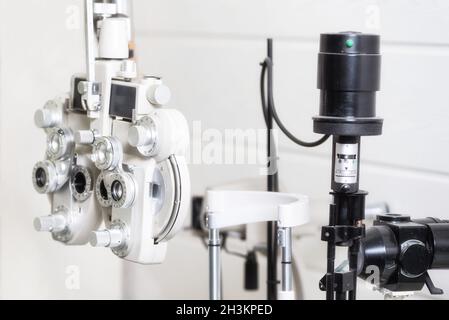 Phoropter, ophthalmic testing device machine. Stock Photo