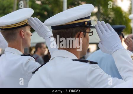 A parade of military serviceman honoring the 97th ANZAC Day dawn service parade at Cairns, QLD, Australia. Stock Photo