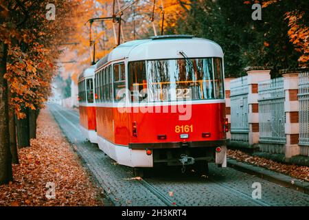 Prague tram on unique section of the tram line which is a popular tourist attraction in Prague, especially in autumn, in Prague, Czech Republic, Octob Stock Photo