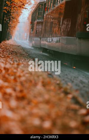 Prague tram on unique section of the tram line which is a popular tourist attraction in Prague, especially in autumn, in Prague, Czech Republic, Octob Stock Photo