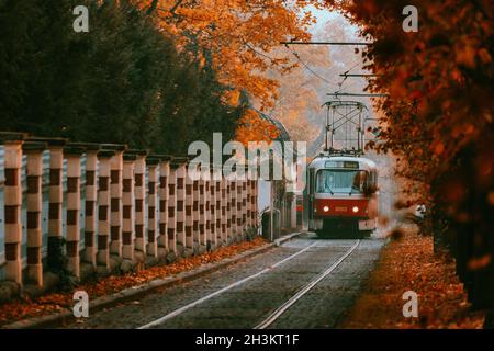 Prague tram on unique section of the tram line which is a popular tourist attraction in Prague, especially in autumn, in Prague, Czech Republic, Octob Stock Photo