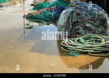 Fishing nets, buoys and ropes in the port of Santa Pola, Alicante, Spain Stock Photo