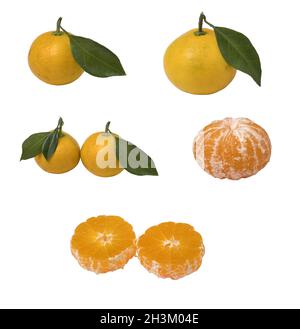 Set of fresh ripe tangerines isolated on white background. Close up view. Stock Photo