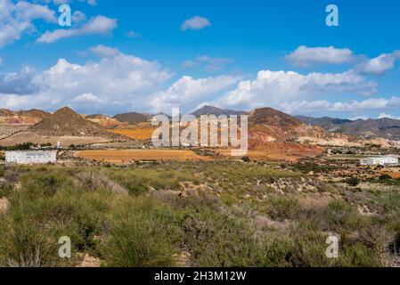 Mazarron mining reserves above the town of Mazarron, Murcia region, Spain. Historic disused mines. Iron, lead, copper and alum mined since Roman era Stock Photo