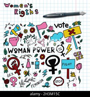A set of doodle signs of feminism, women s rights. Grunge hand drawn vector icons of Feminism protest symbol isolated on transparency background. A Stock Vector