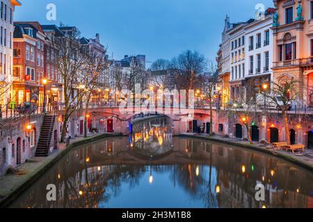 Utrecht, Netherlands canals and cityscape at twilight. Stock Photo