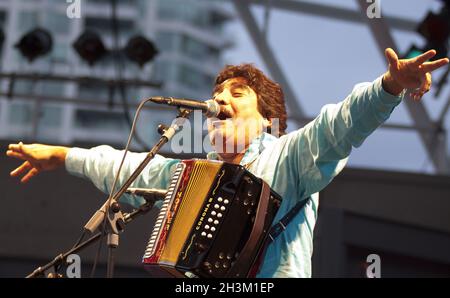 The closeup of Celso Pina, Mexican musician, singer, accordionist and composer on the Corazon de Mexico concert stage on July 7, 2011 in Toronto, Cana Stock Photo