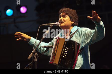 The closeup of Celso Pina, Mexican musician, singer, accordionist and composer on the Corazon de Mexico concert stage on July 7, 2011 in Toronto, Cana Stock Photo