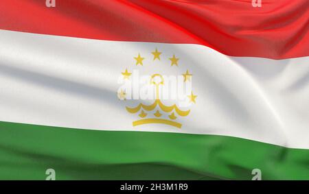 Waving national flag of Tajikistan. Waved highly detailed close-up 3D render. Stock Photo