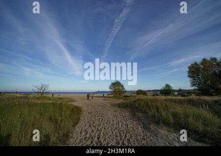 Kiel, Germany. 29th Oct, 2021. Walkers are out and about on the beach at Friedrichsort in the autumn sunshine. Credit: Axel Heimken/dpa/Alamy Live News Stock Photo