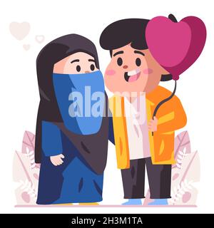 Romantic muslim couple happy love each other, husband are holding purple balloon and her wife with blue dress scarf hijab cartoon flat color isolated Stock Vector