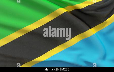 Waving national flag of Tanzania. Waved highly detailed close-up 3D render. Stock Photo