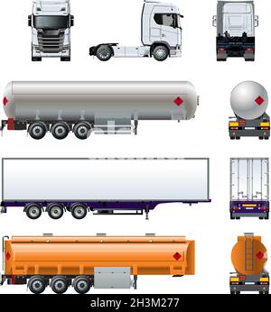 Vector realistic semitruck mock-up set isolated on white background for branding. Front, side, rear view. Available EPS-10 separated by groups and lay Stock Vector