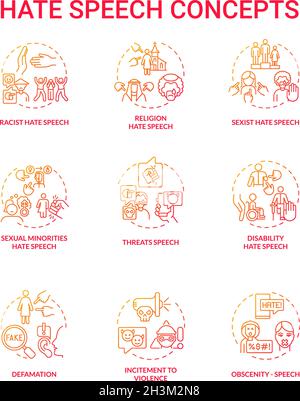 Hate speech red gradient concept icons set Stock Vector