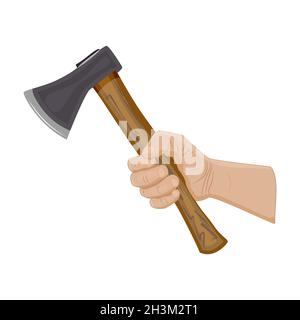 Hand holding axe isolated on white background. Woodcutter arm with ax. Lumberjack tool. Hatchet with wooden handle for wood work. Vector illustration Stock Vector