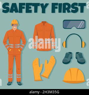 Work safety equipment. engineer wearing helmet, gloves, protective glasses, clothing and boots. Vector infographic Stock Vector