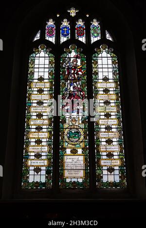 Stained glass window dedicated to those who lost thier lives in the Second World war. Leicester Cathedral. Leicester, Leicestershire, England Stock Photo