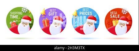 Set of Christmas sale price tags with Snta claus illustration and mono chrome objects in circle shape Stock Vector