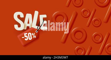 Red advertising banner with 3d sale letters and price tag with 50 percent discount, 3d volume percent signs on the backdrop Stock Vector