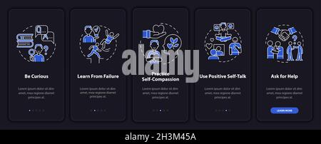 Happiness mindset strategies dark onboarding mobile app page screen Stock Vector