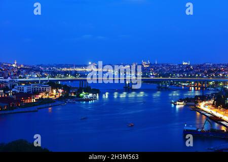 Perfect sunset view of Golden Horn from Pierre Loti Hill. Eyup, Istanbul, Turkey. Stock Photo