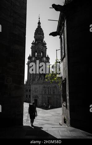 Pilgrim arrived to Santiago de Compostela Cathedral, Galicia, Spain. Stock Photo